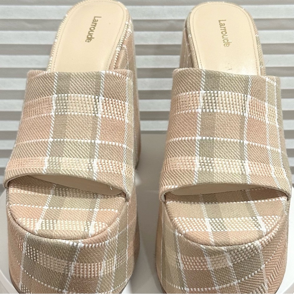 🌹LARROUDE🌹 Wanda Platform Mule In Neutral Plaid Raffia Size: 11 - Picture 11 of 13